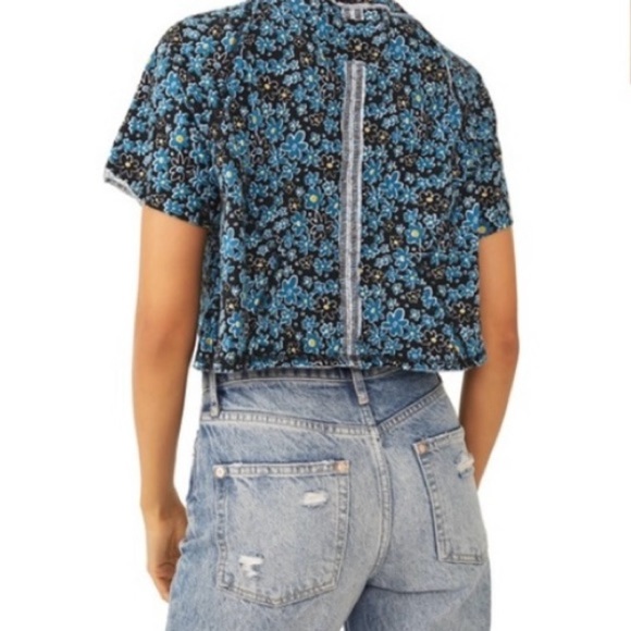 Free People “We The Free” Oversized Blue Flowered Cropped Top - Picture 2 of 14